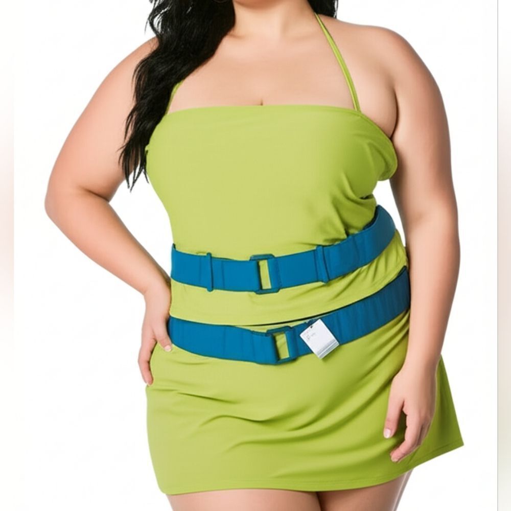Newport News Lime Green Tankini Swimsuit Teal Blue Belted Skirt Bottom & Top 18